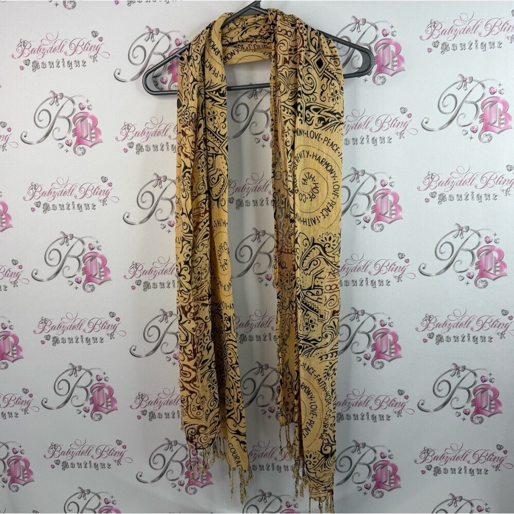 Scarf peace harmony faith love hippie boho Elegant Gold Black Patterned Scarf